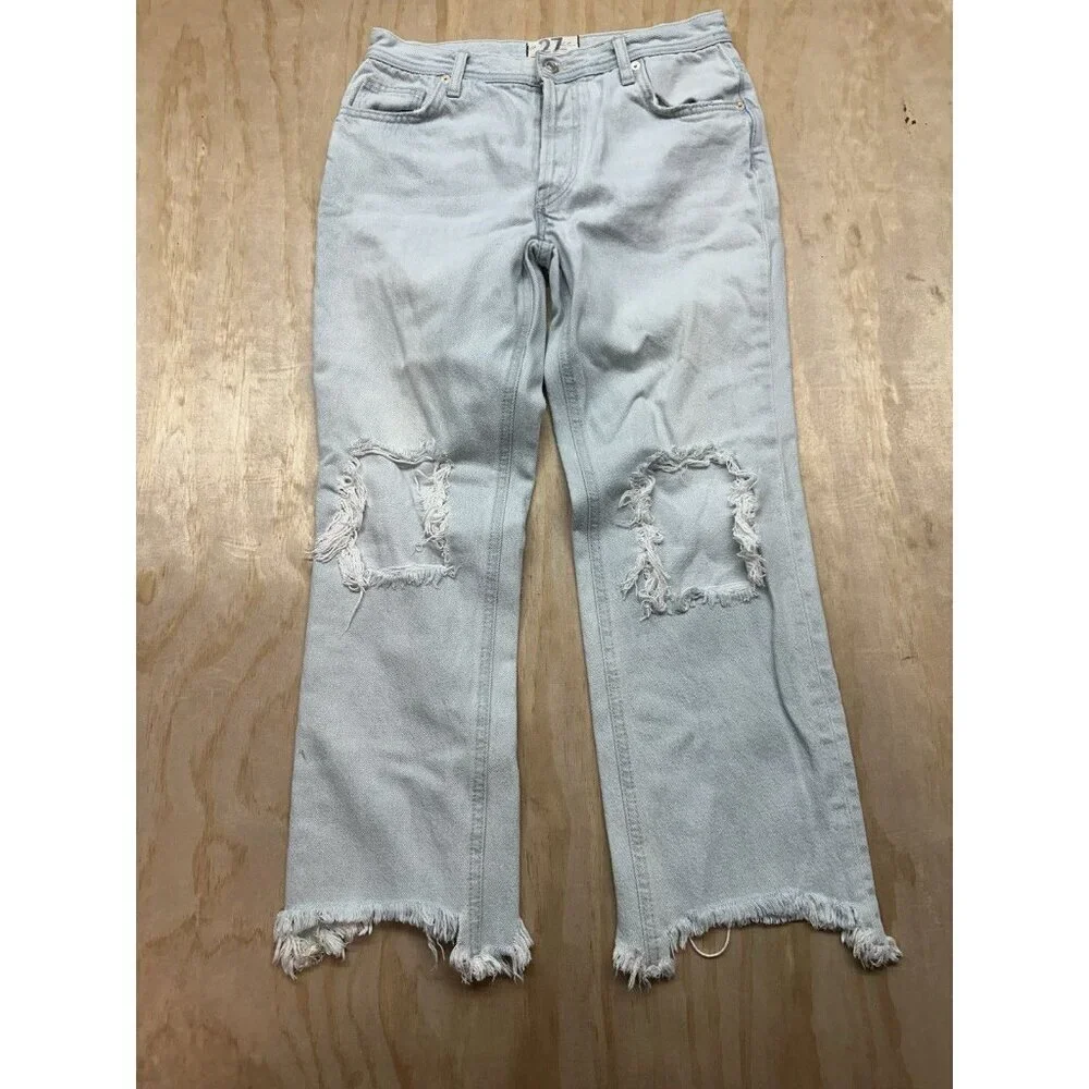 Women's We The Free Sz 27 Jeans Straight Mid Rise Light Wash Distressed Raw Hem
